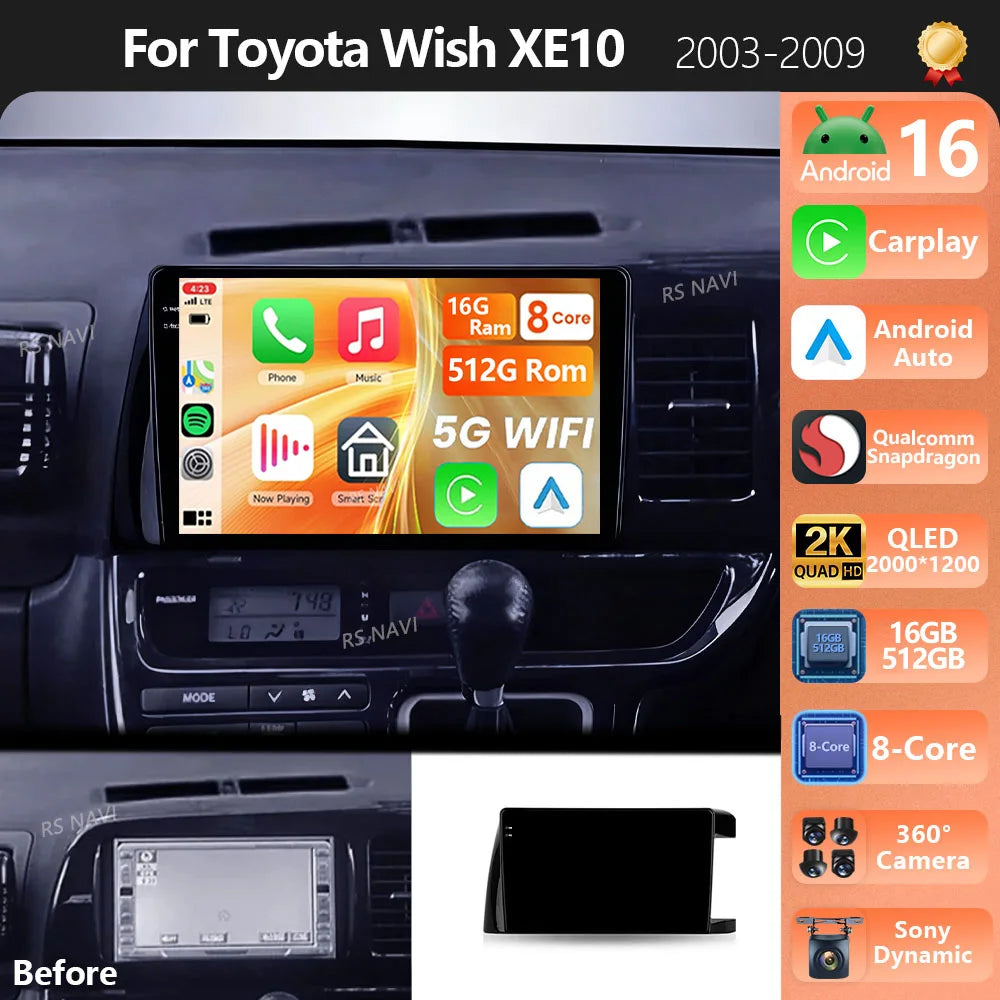 Android 16 Carplay Auto Qualcomm 2K QLED Screen Car Radio Player For Toyota Wish XE10 2003