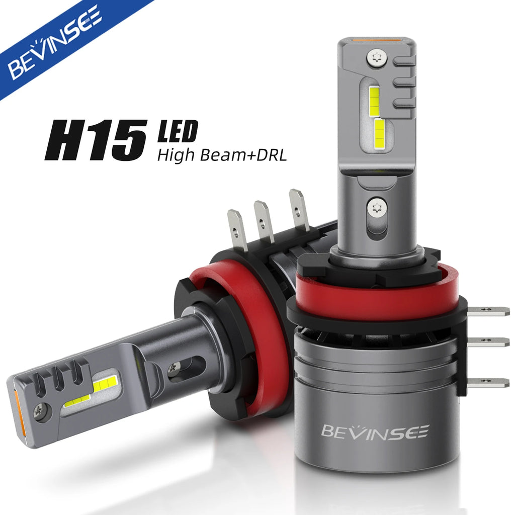 BEVINSEE 2pcs H15 LED Bulbs High Beam + DRL Daytime Running Light Turbo Auto LED Lamp For