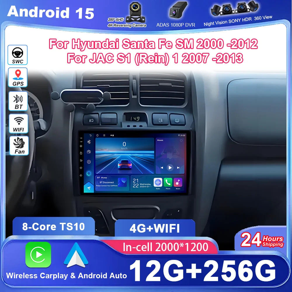 Android 15 Car Radio Stereo For Hyundai Santa Fe SM 2000 -2012 For JAC S1 (Rein) 1 2007 -2