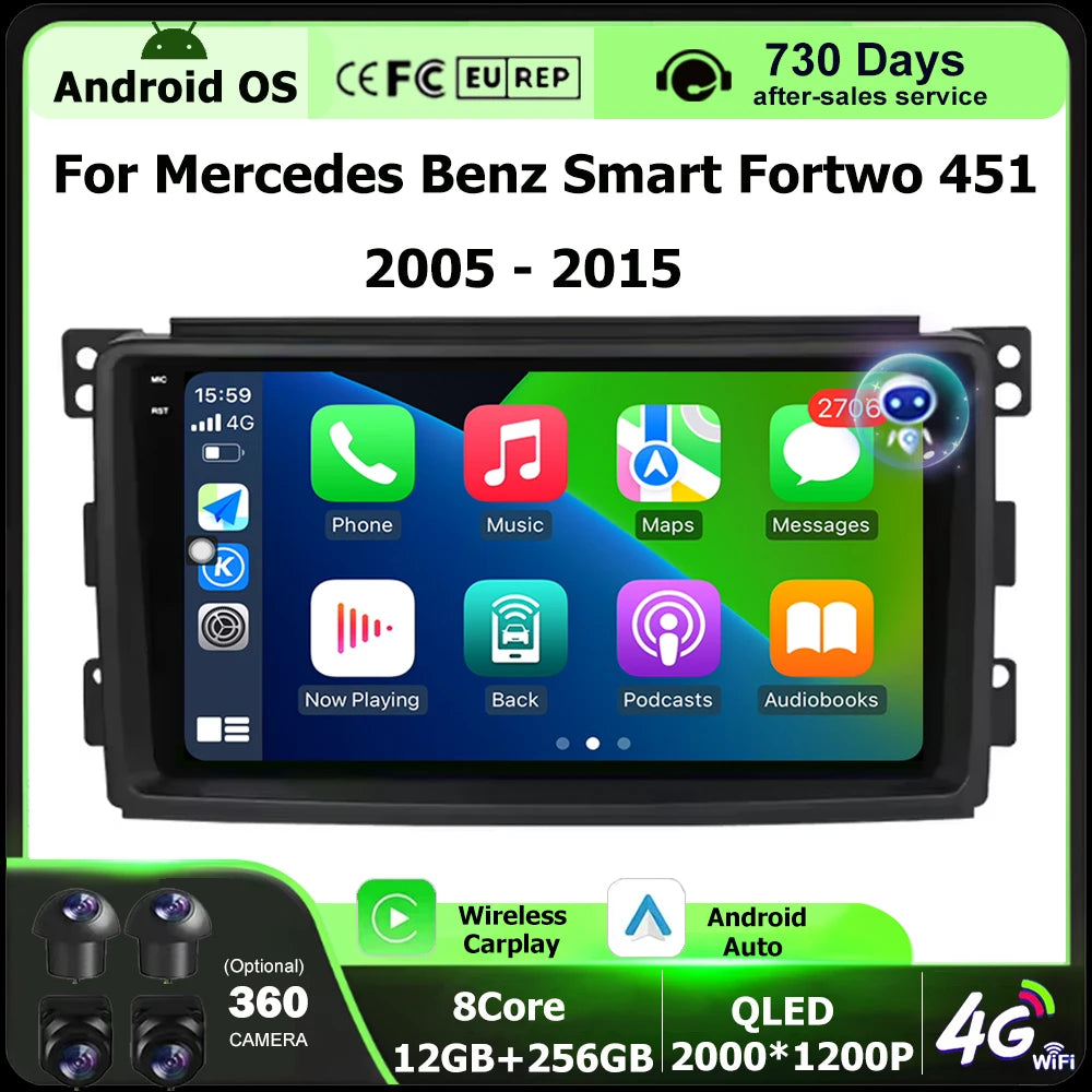 Android 16 Auto For Mercedes Benz Smart Fortwo 451 2005-2015 Car Radio Multimedia Video Pl