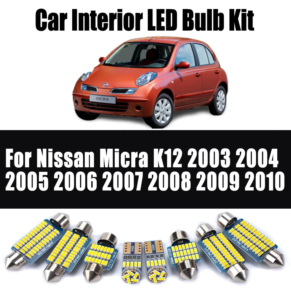 10-Piece LED Interior Light Kit for Nissan Micra K12 2003- 2007 - Canbus Dome Map Door Trunk Bulbs | AUTOKITSHOP