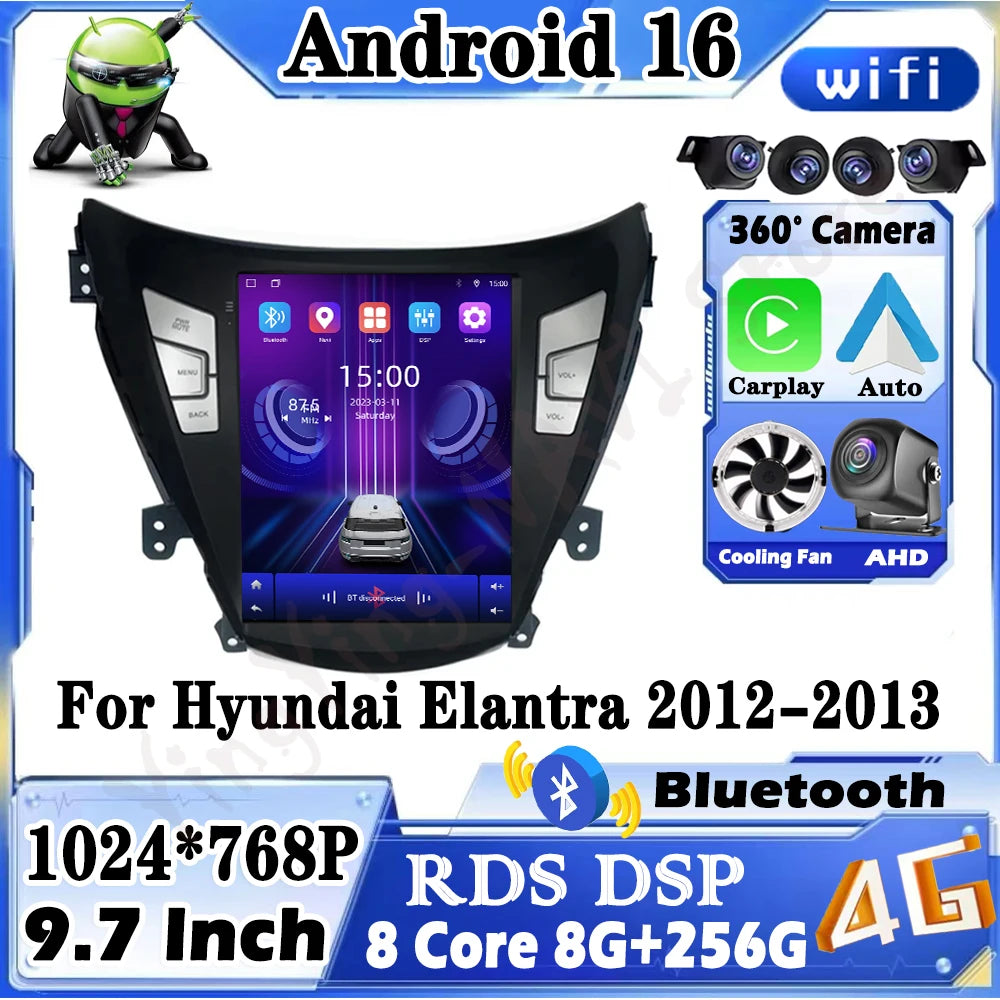 9.7 lnch Android 16 For Hyundai Elantra 2012-2013 IPS Screen Car Radio Multimedia Screen P