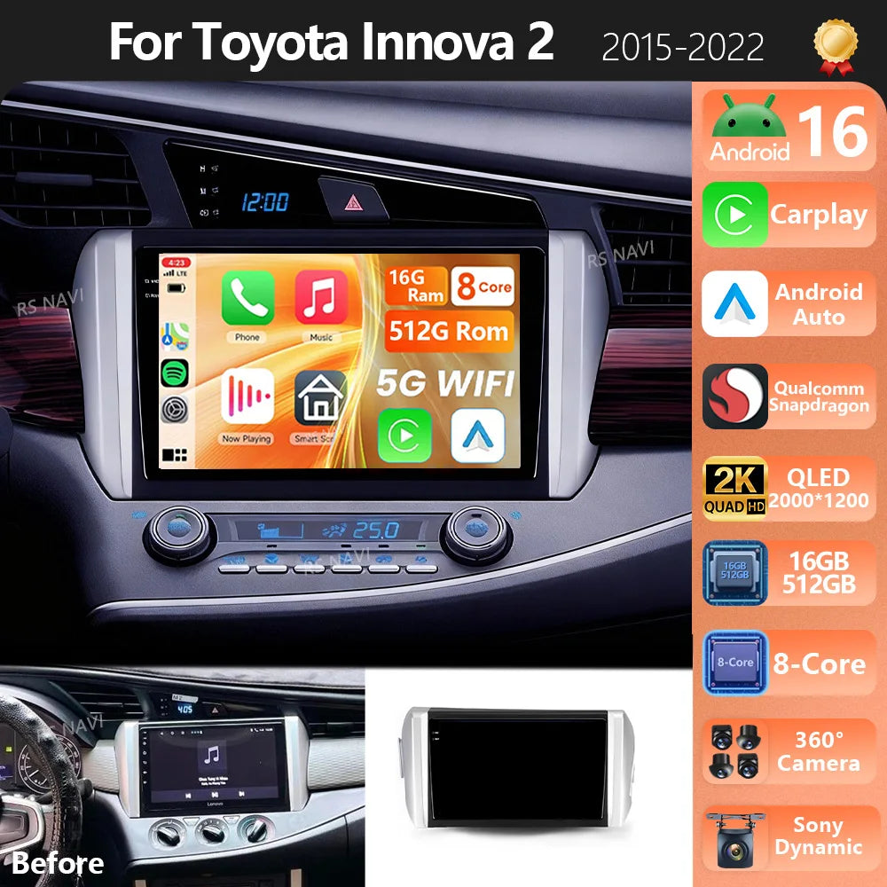 Android 16 Carplay Auto Qualcomm 2K QLED Screen Car Radio Player For Toyota Innova 2 2015-