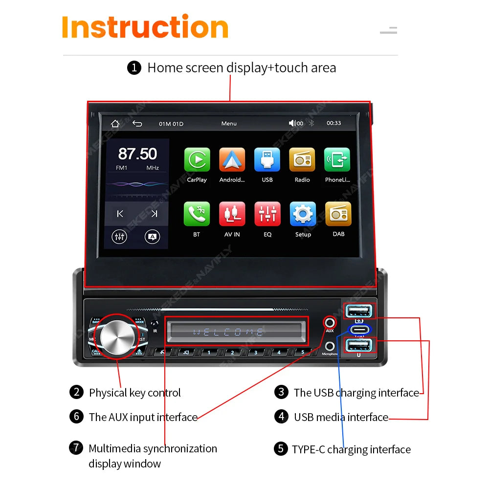 1 Din Car Radio with DAB Carplay Android Auto Multimedia Retractable 7'' HD Touch Screen F | AUTOKITSHOP