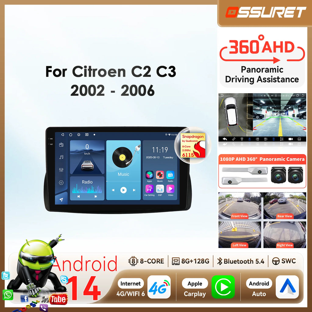 BySnapdragon Carplay Android 14 Auto Car radio For Citroen C2 C3 2002-2006 6115 8Core Auto