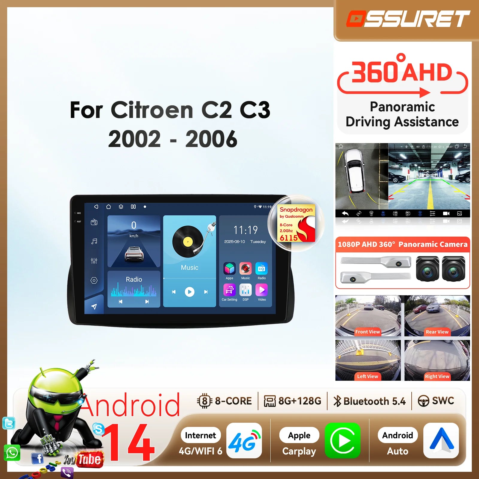 BySnapdragon Carplay Android 14 Auto Car radio For Citroen C2 C3 2002-2006 6115 8Core Auto