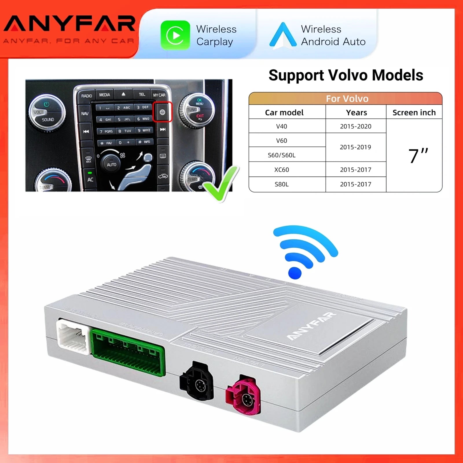 ANYFAR New Wireless Carplay Android Auto Module For Volvo S60 S80 XC60 V60 V40 2015-2018 S | AUTOKITSHOP