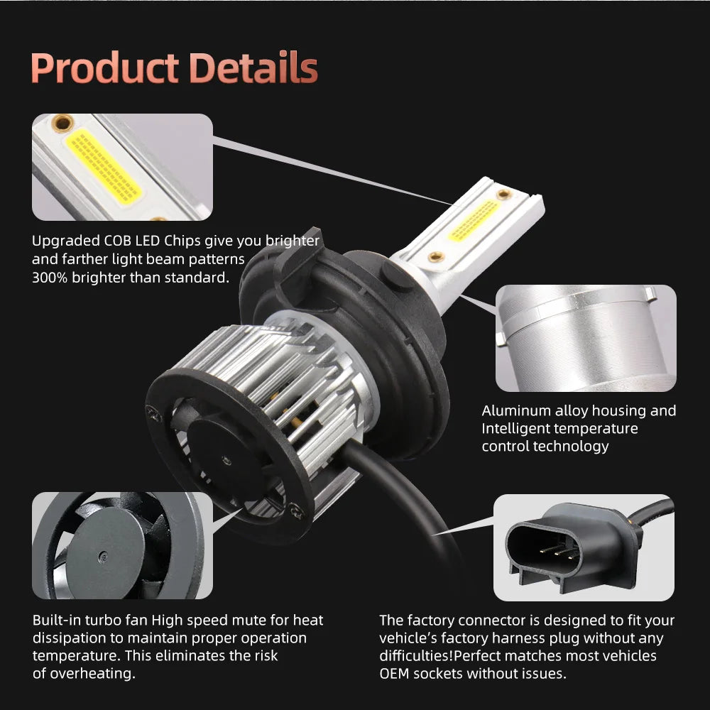 H13 High Low Beam Canbus Car LED Headlight Bulbs 12V 6000K White Turbo HeadLamp H11 LED Fo