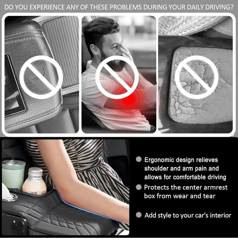 Wear-Resistant Car Armrest Box Booster Pad Dustproof Center Console Cover with Cup Tissue Pocket - Automotive LED Light
