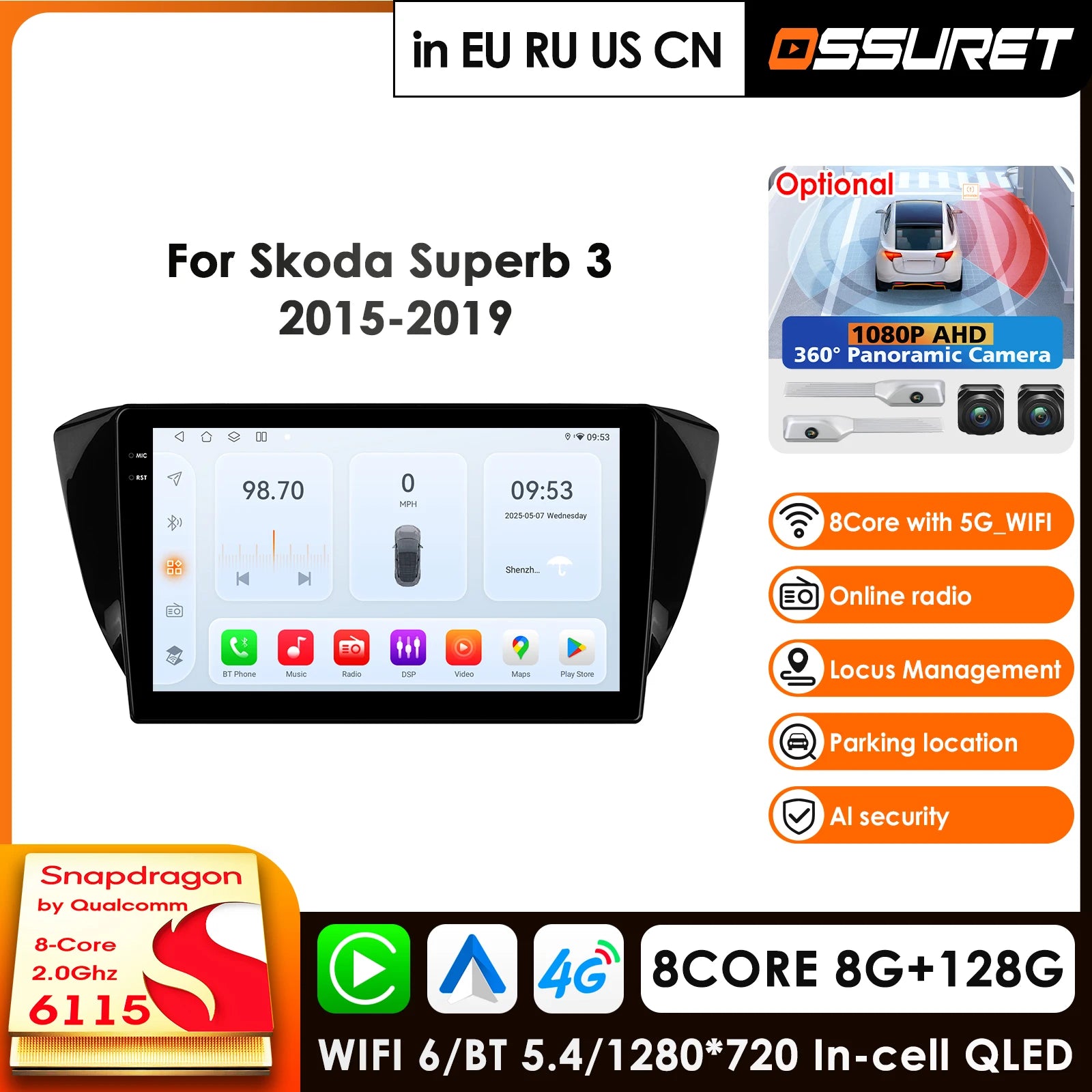 10.1" Android 14 Car Radio GPS for Skoda Superb 3 2015-2019 - 4G WIFI Carplay Qualcomm 8Core 360° Panoramic Camera