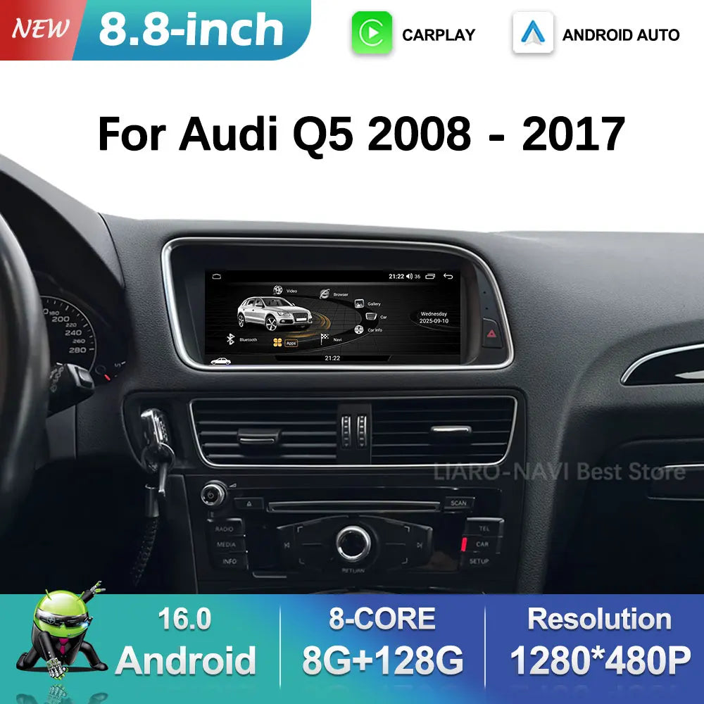 Android 16 for Audi Q5 2008 - 2017 HD Screen Car Radio Video Multimedia Player 8.8 inch BT