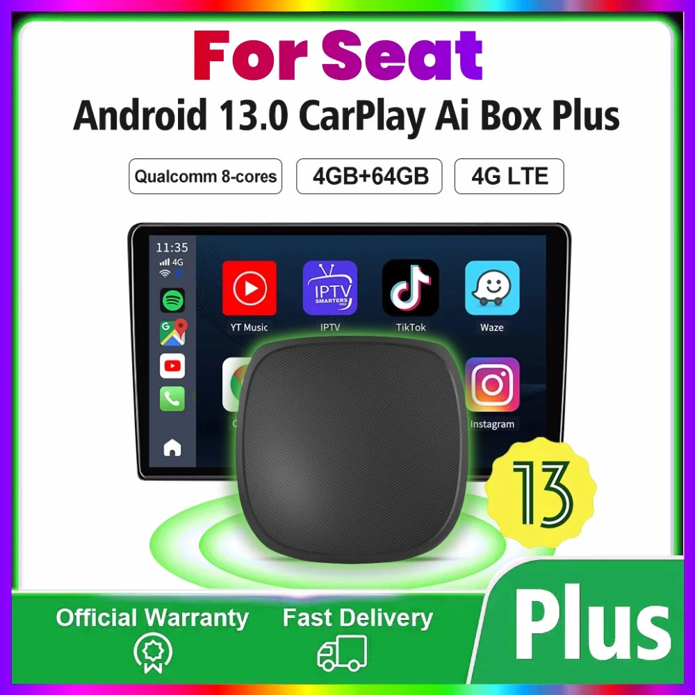 Android 13 CarPlay Smart Ai Box 4G+64G GPS 4G LTE WiFi For YouTube Netflix For Seat Ibiza  | AUTOKITSHOP