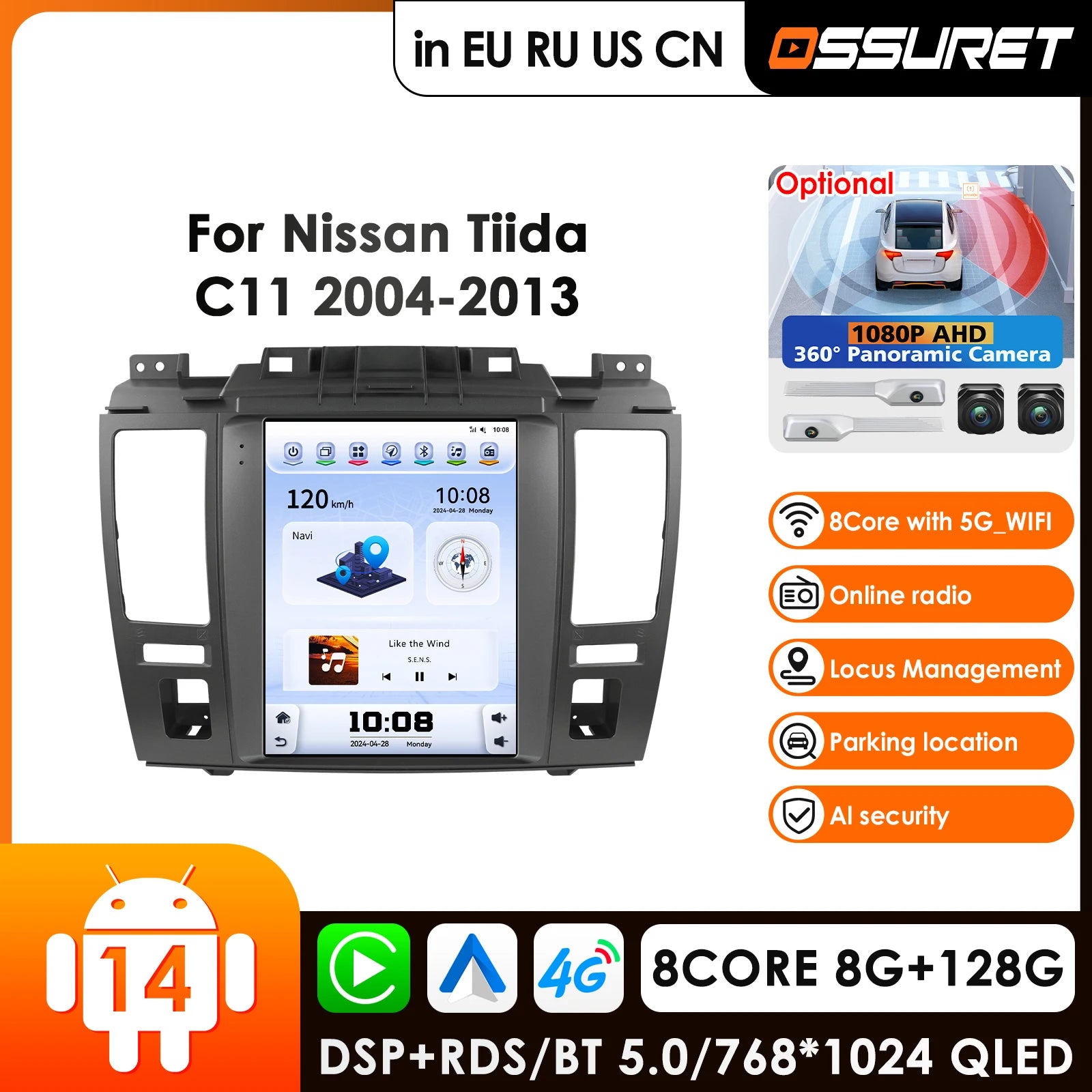 9.7" 2Din Android 14 Car Radio GPS for Nissan Tiida C11 2004-2013 - Multimedia Player with Carplay, Stereo, Navigation