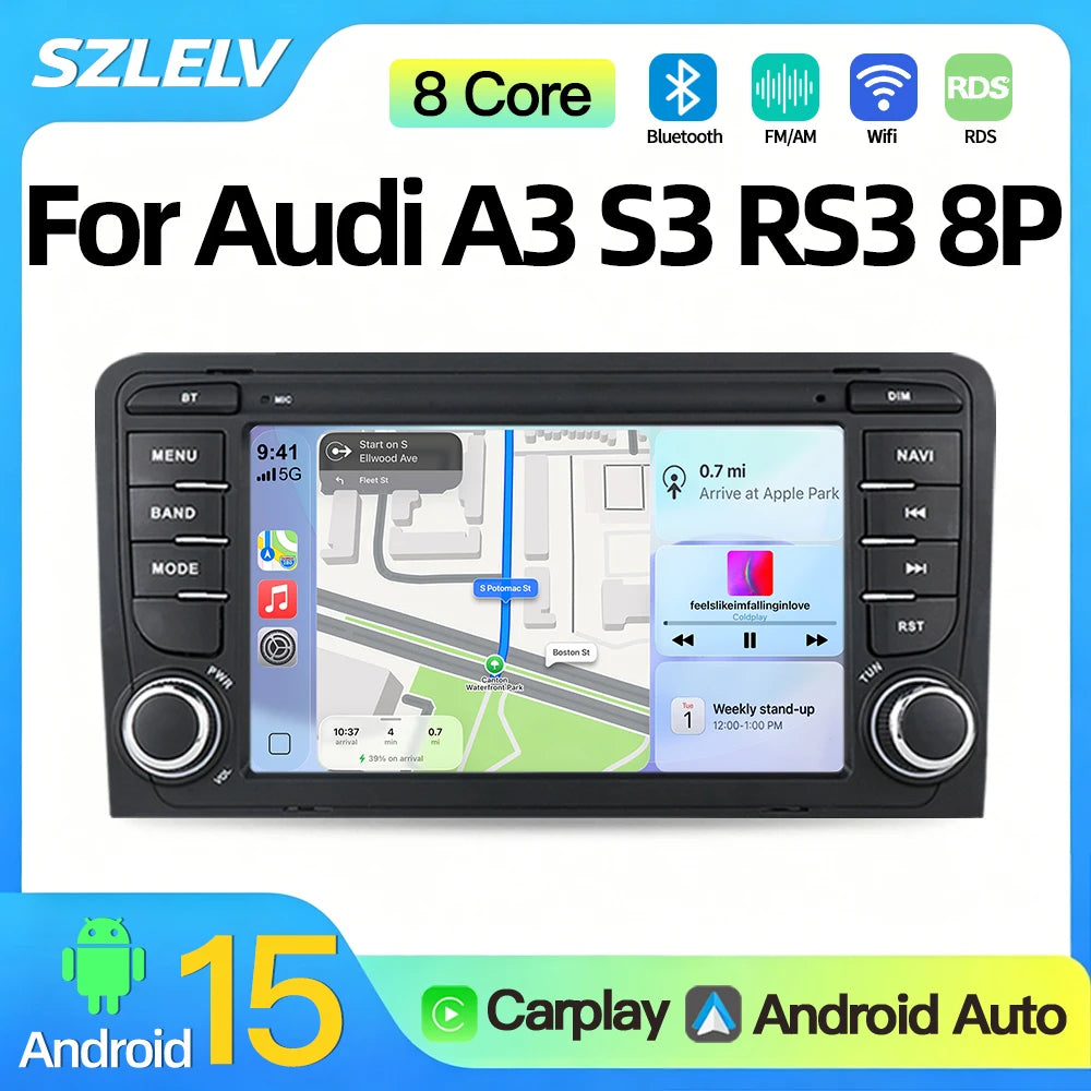 SZLELV Android 15 For Audi A3 8P S3 RS3 Multimedia GPS Autoradio Player Carplay Auto RDS C