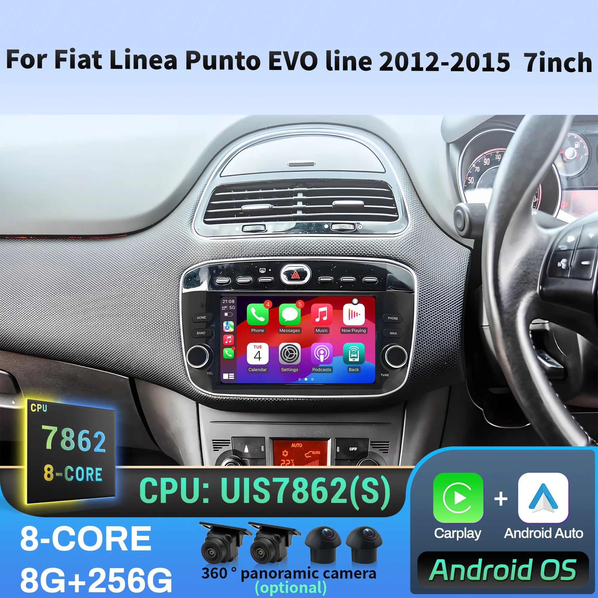 7 inch Car Radio Android 14 For Fiat Linea Punto EVO line 2012 2013 2014 2015 4G Wireless