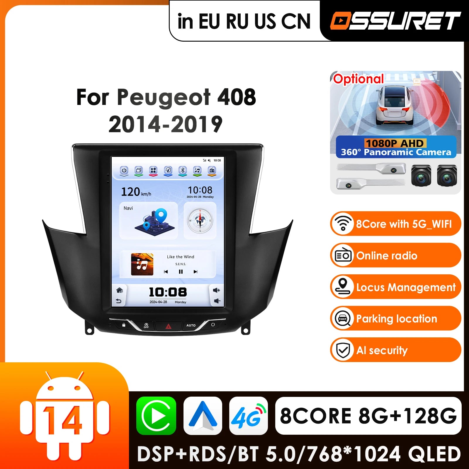 9.7" Wireless CarPlay Android Auto Car Radio GPS for Peugeot 408 2014-2019 - 2 Din Autoradio DSP RDS AI Multimedia