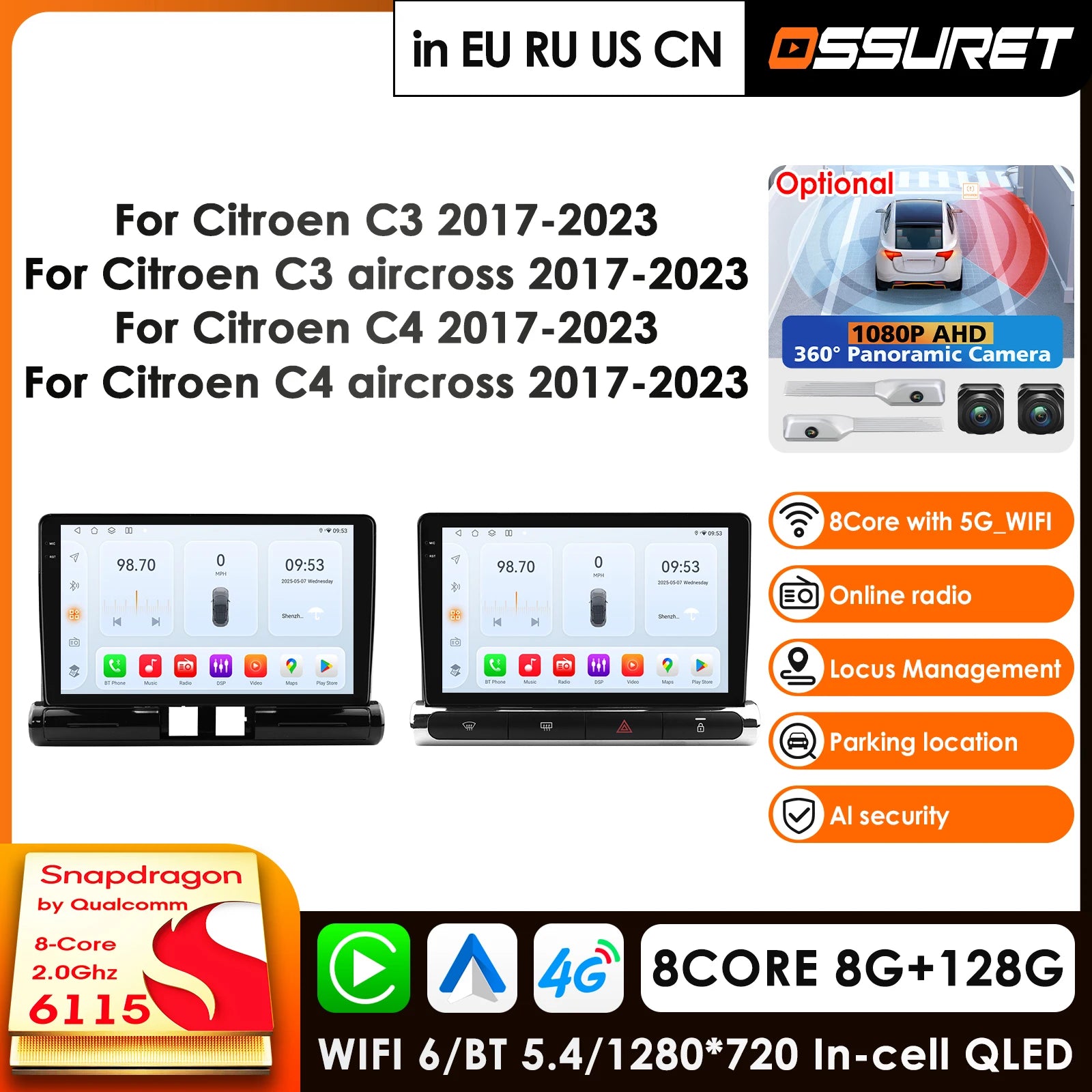 9" Android 14 Car Multimedia Player GPS Navigation for Citroen C3 Aircross 2017-2023 - 4G AI Intelligent Screen Carplay