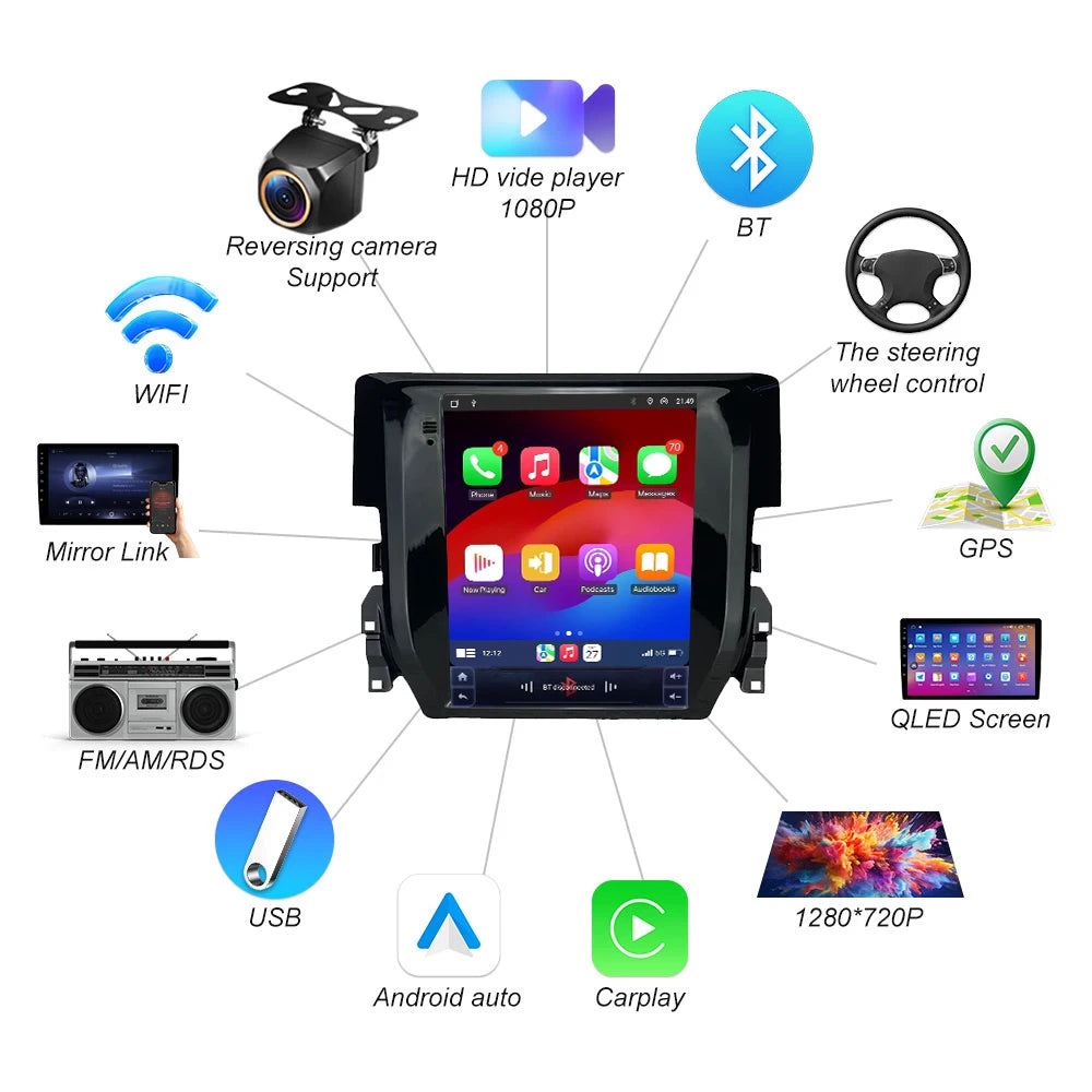 9.7 Inch For Honda Civic 2016 - 2018 Car Radio Android 16 Multimedia Video Player Carplay  | AUTOKITSHOP