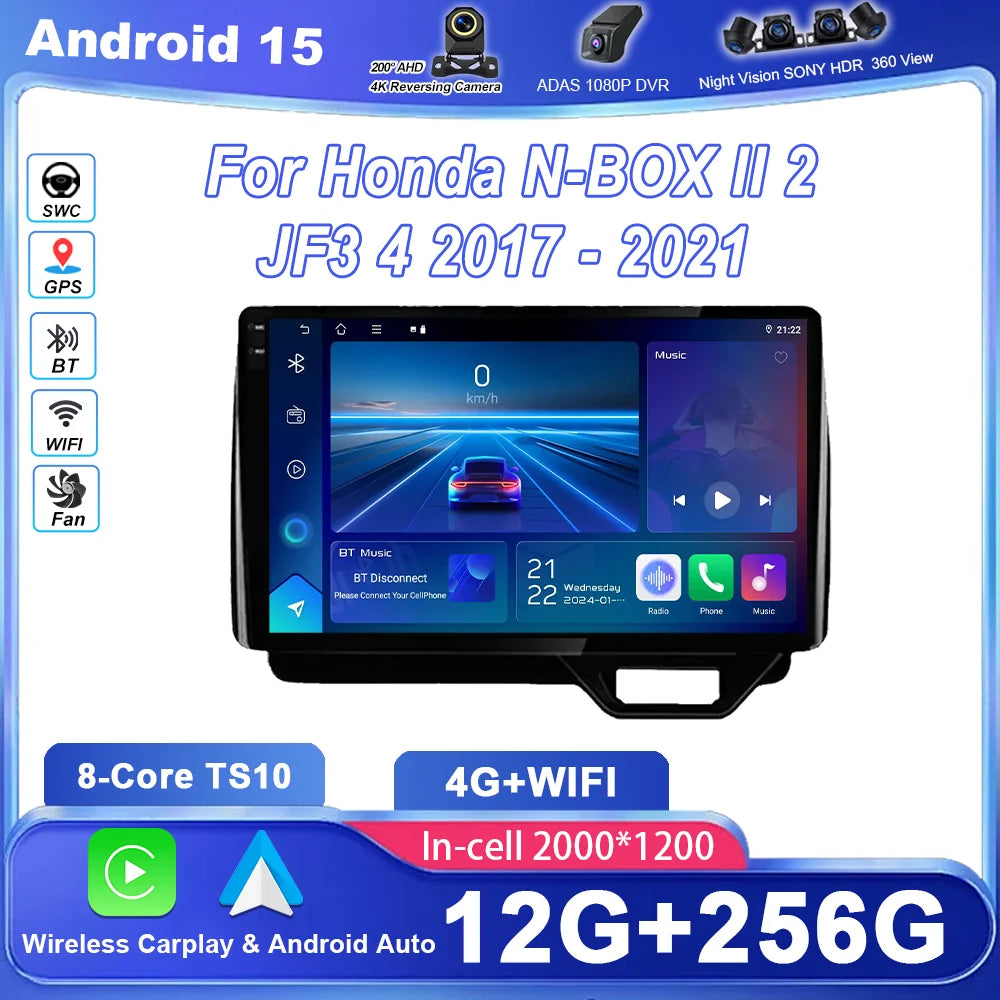Carplay Android 15 Car Radio Stereo For Honda N-BOX II 2 JF3 4 2017 -2021 Multimidia Video