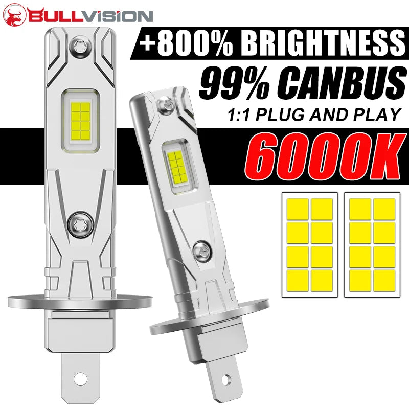 Bullvision 2Pcs 12000LM H1 LED Lights Bulb H1 High Power Headlight 6500K White Canbus Car