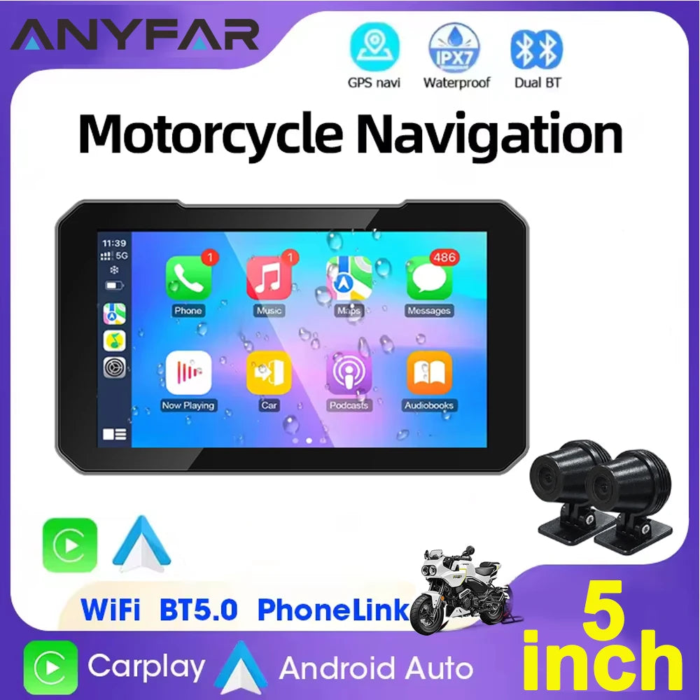 5 Inch Touch Screen Motorcycle CarPlay Screen Support Dual Camera Record with Wireless Car