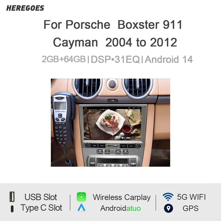 8" Android Car Radio GPS for Porsche Boxster 911 Cayman 2004-2012 - Wireless CarPlay Android Auto Bluetooth Steering Con