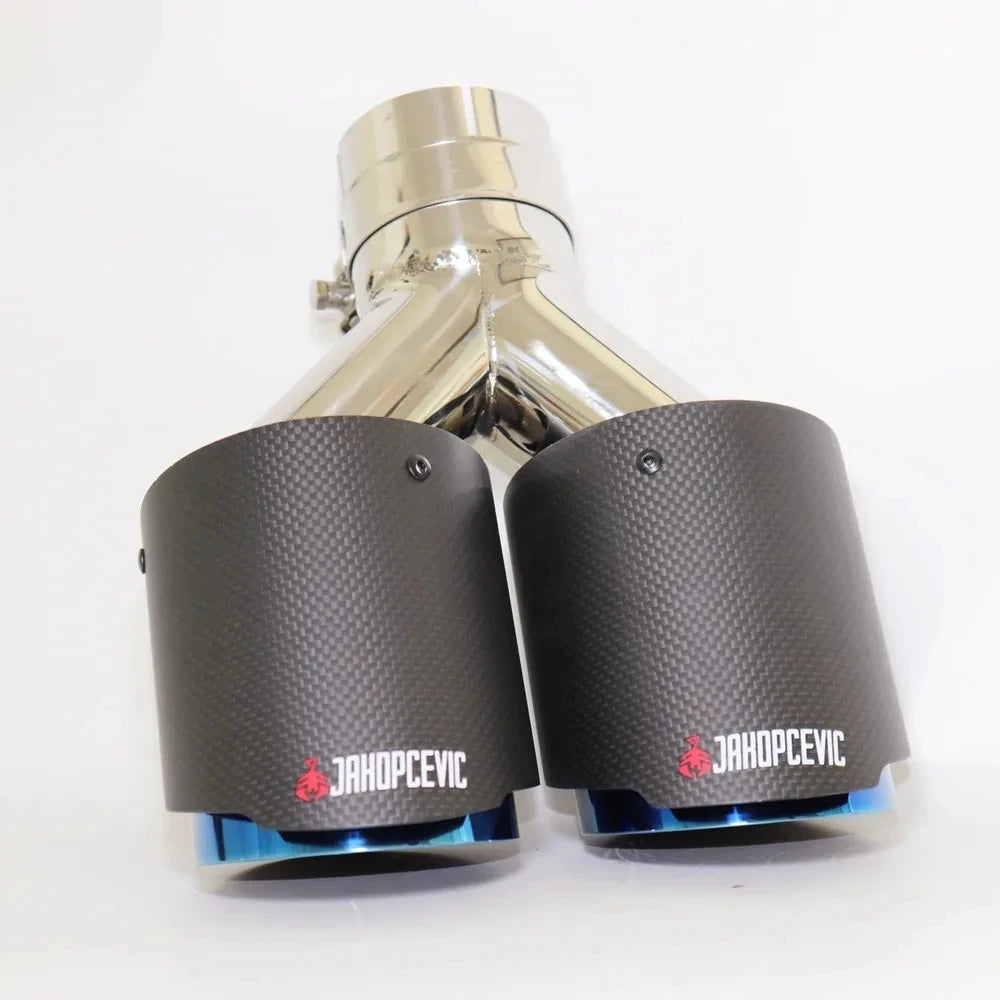 1 Pcs Matt Carbon Fiber Blue Stainless Exhaust Tips Car Muffler Double Y Pipes For Exhaust Dual  - Automotive LED Light