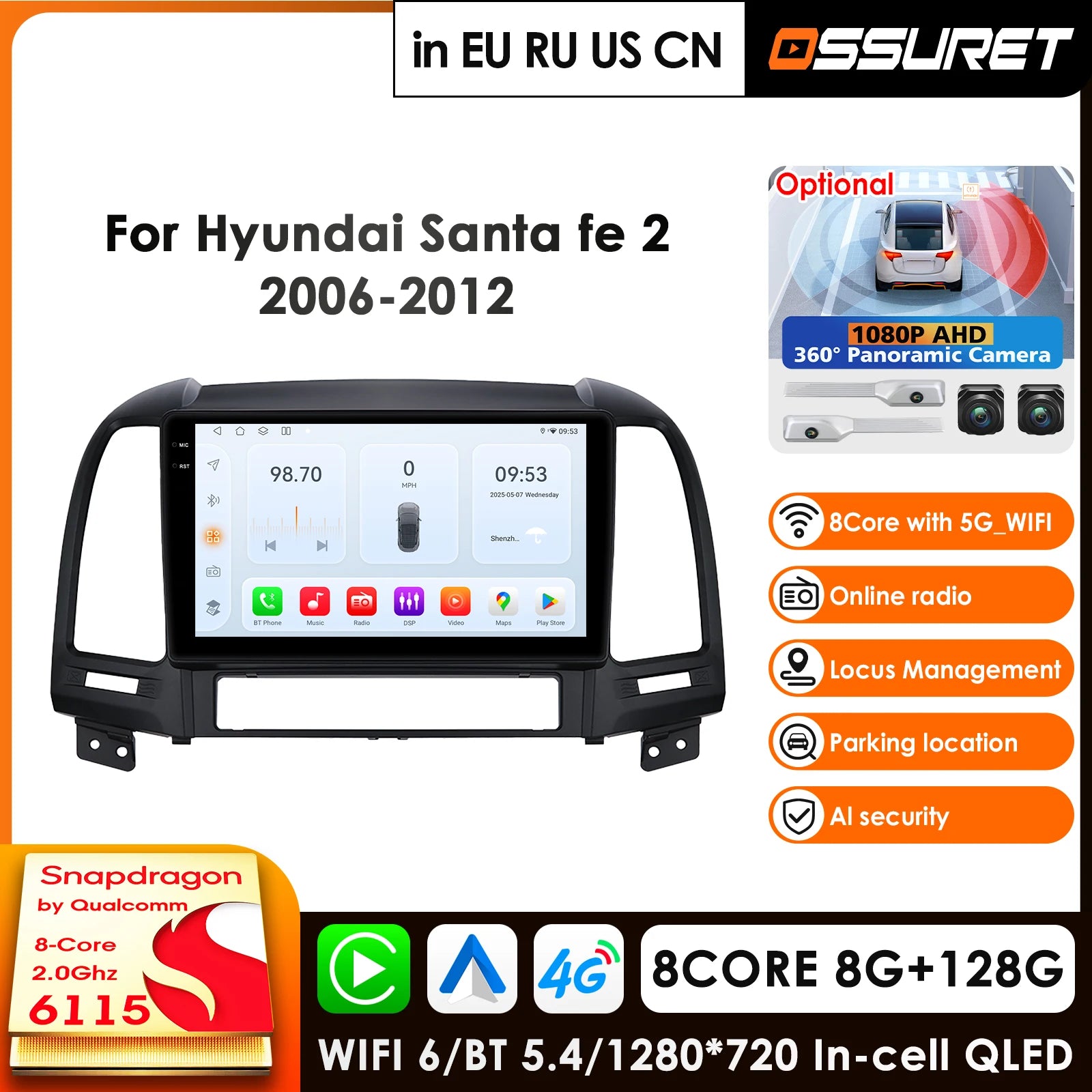 9" AI Car Radio GPS for Hyundai Santa Fe 2 2006-2012 - Android 14 Carplay 4G Multimedia Video Player with 8-Core