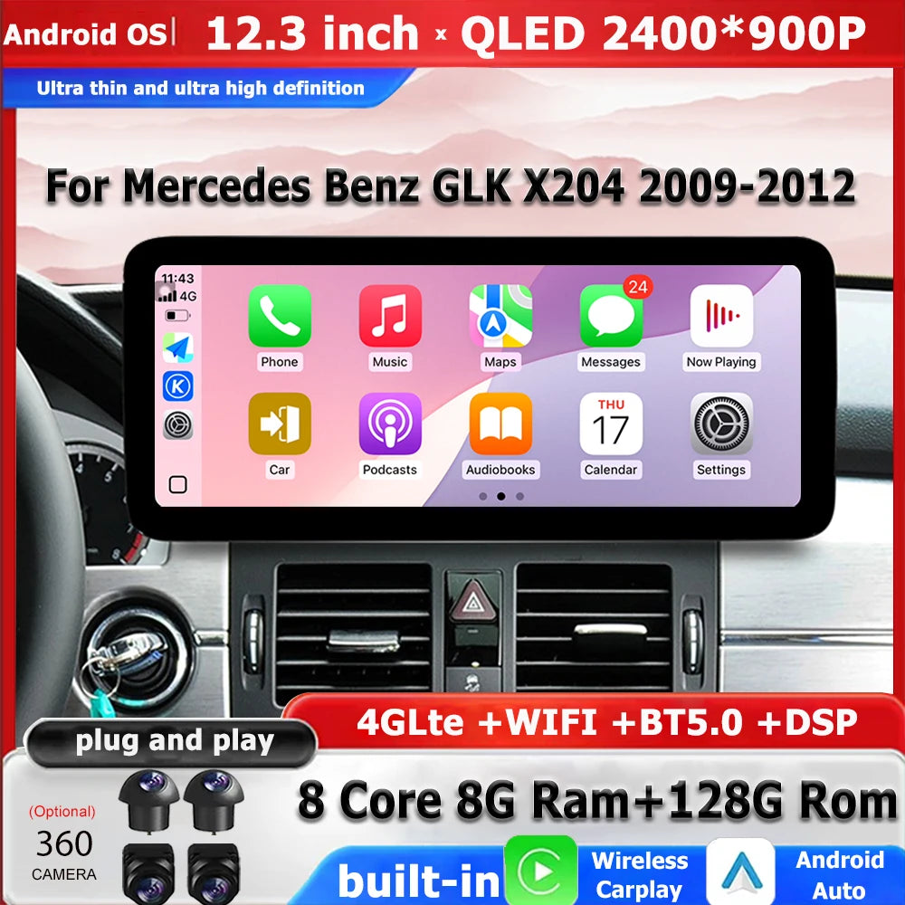 For Mercedes Benz GLK X204 2009-2012 QLED Stereo Radio Android Auto Car Multimedia Player