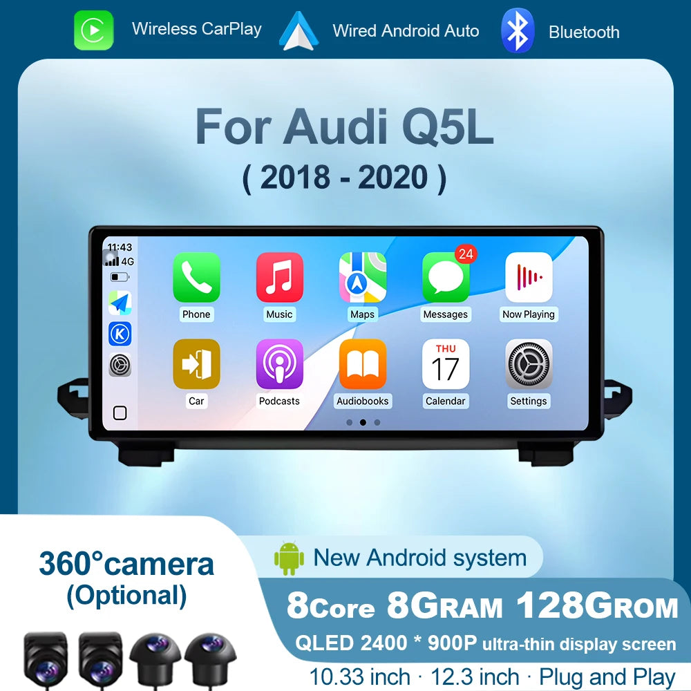 QLED 2400 * 900P Ultra-thin screen Android OS For Audi Q5L 2018 - 2020 CarPlay Car Radio M