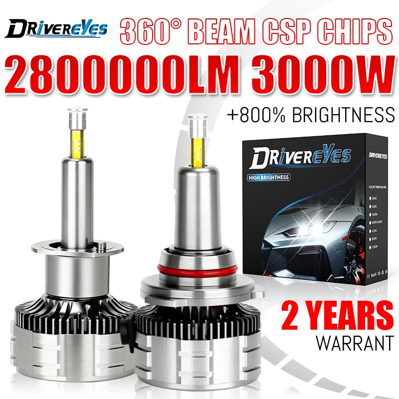 2800000LM 4 Sides H7 H4 Led CSP Car Headlights Bulbs Canbus 3000W Turbo H1 H8 H9 H11 9005