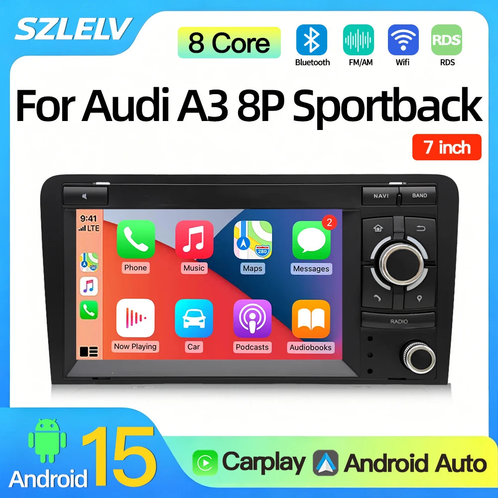 SZLELV Car Radio Android 15 Auto For Audi A3 8P S3 RS3 Sportback Multimedia GPS 4G Autorad