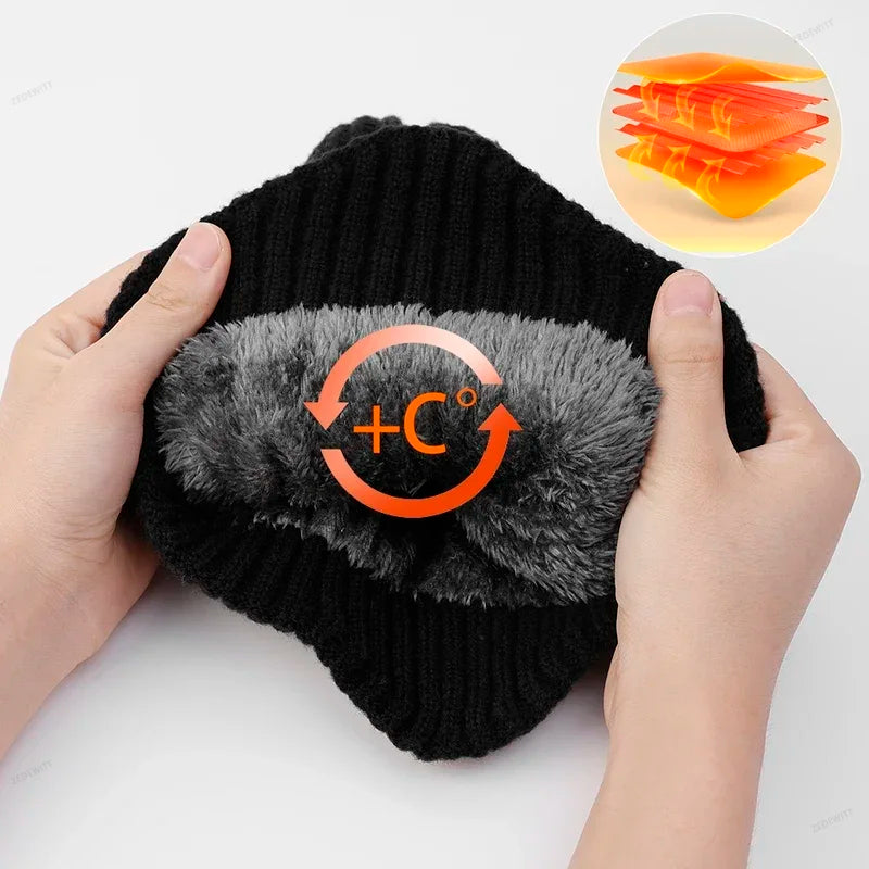 Faux Fur Lined Winter Knitted Hat Men Thick Soft Plush Warm Peaked Cap Ear Protection Earmuff Ou - Automotive LED Light