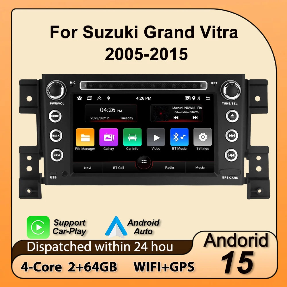 For Suzuki Grand Vitara 3 2005-2015 Android 15 IPS Screen Car Radio Carplay GPS Central Mu