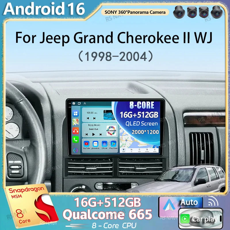 Android 16 Carplay Auto Car Radio For Jeep Grand Cherokee II WJ 1998 - 2004 Navigation GPS