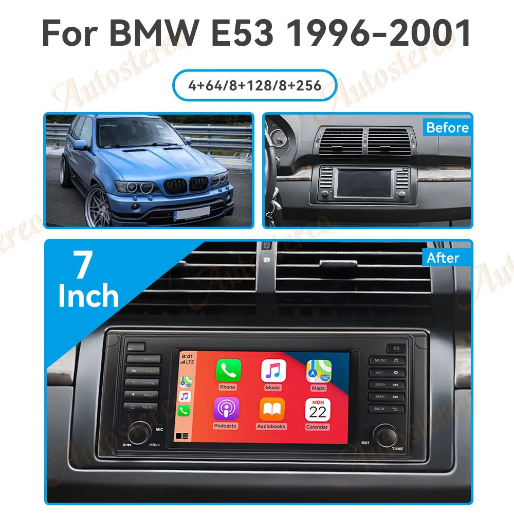 Android 14 Carplay For BMW X5 E53 1996-2005 Car GPS Navigation Head Unit Multimedia Player