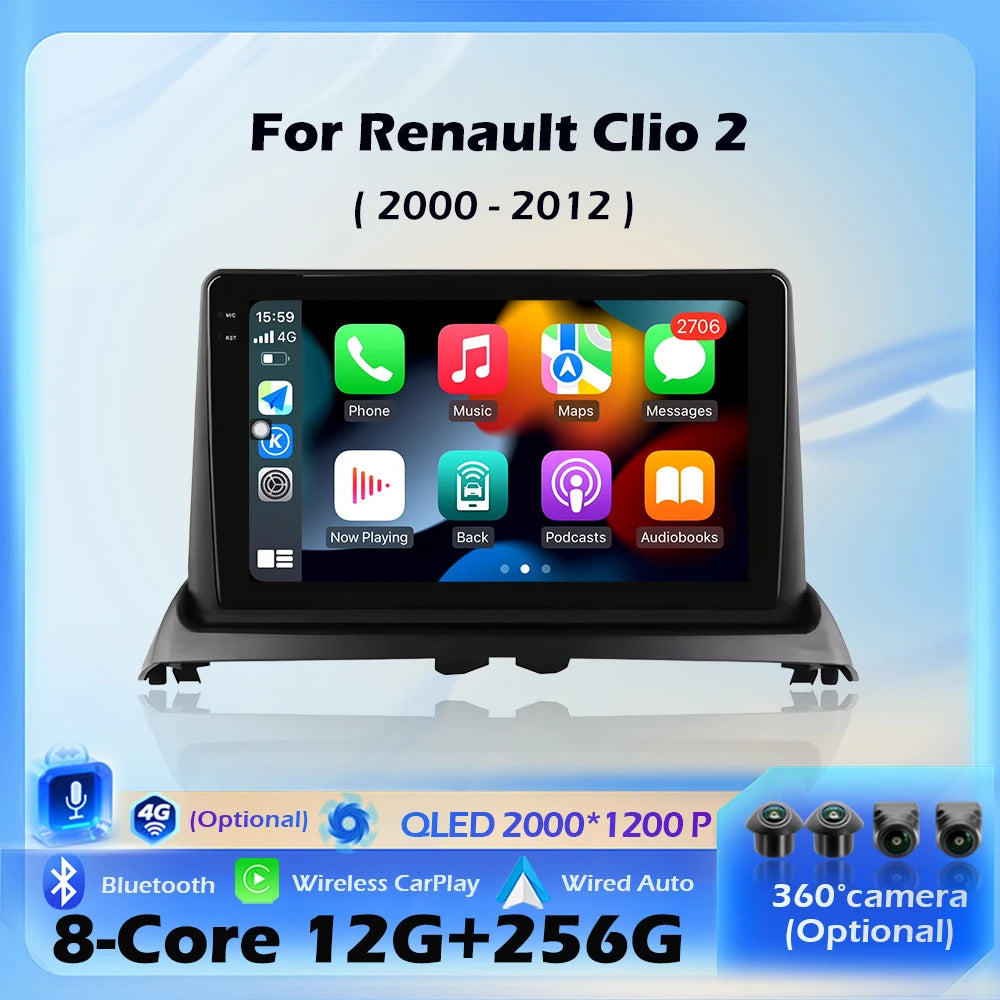 Android 16 For Renault Clio 2 2000 - 2012 Car Radio Multimedia Player Wireless CarPlay Nav
