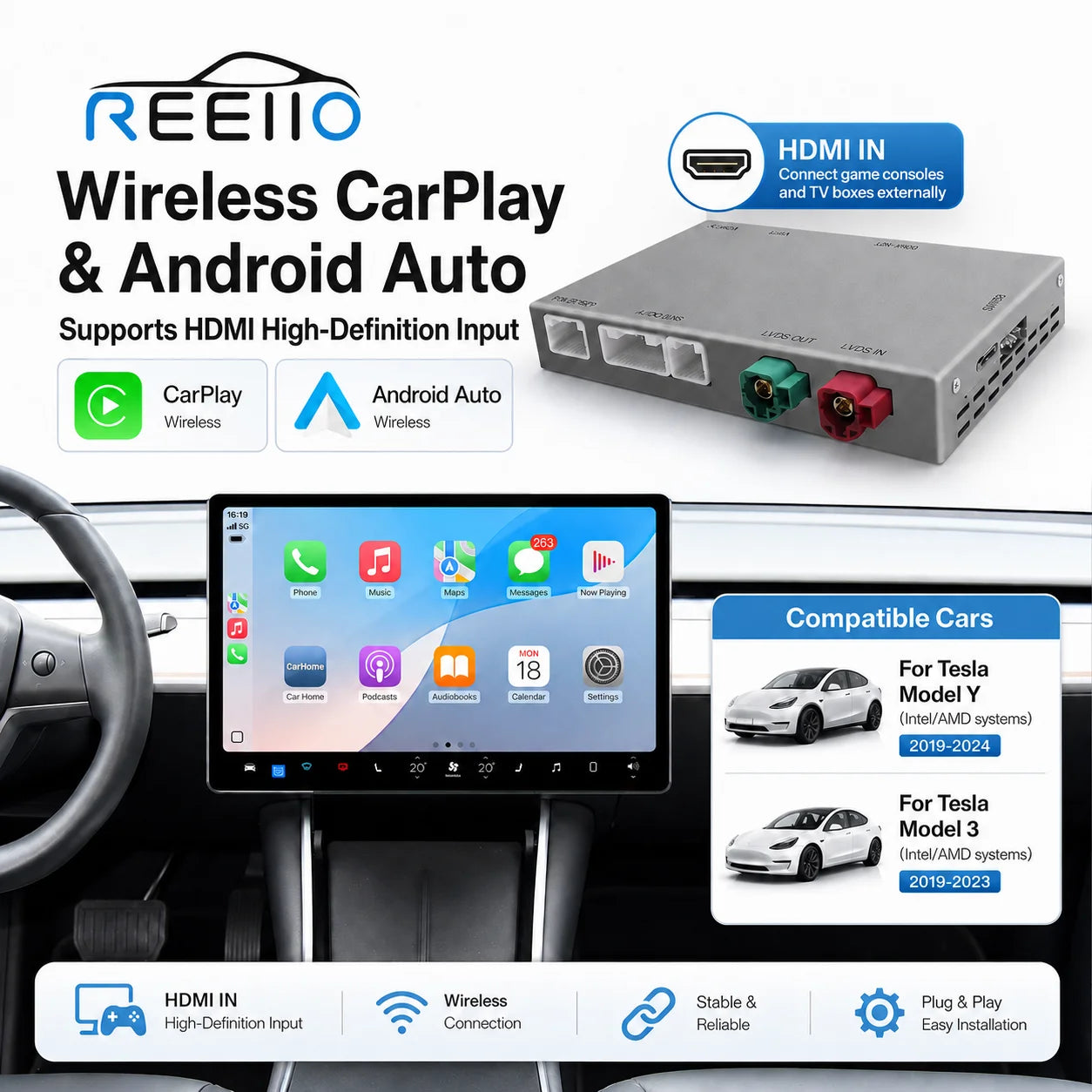 Wireless CarPlay Interface For Tesla Model 3 Model Y Android Auto Decoder Module Mirror Li