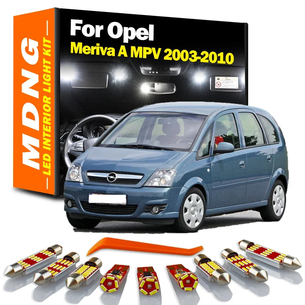 10-Piece LED Interior Light Kit for Opel Meriva A MPV 2003-2005 - Canbus Dome Map Door Trunk Bulbs | AUTOKITSHOP