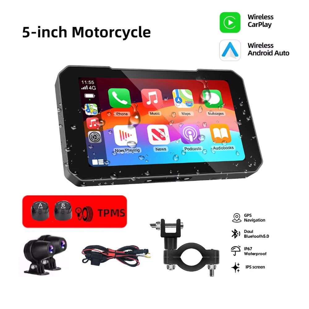 5INCH Screen Motorcycle CarPlay Screen Support Dual Camera Record with Wireless CarPlay an