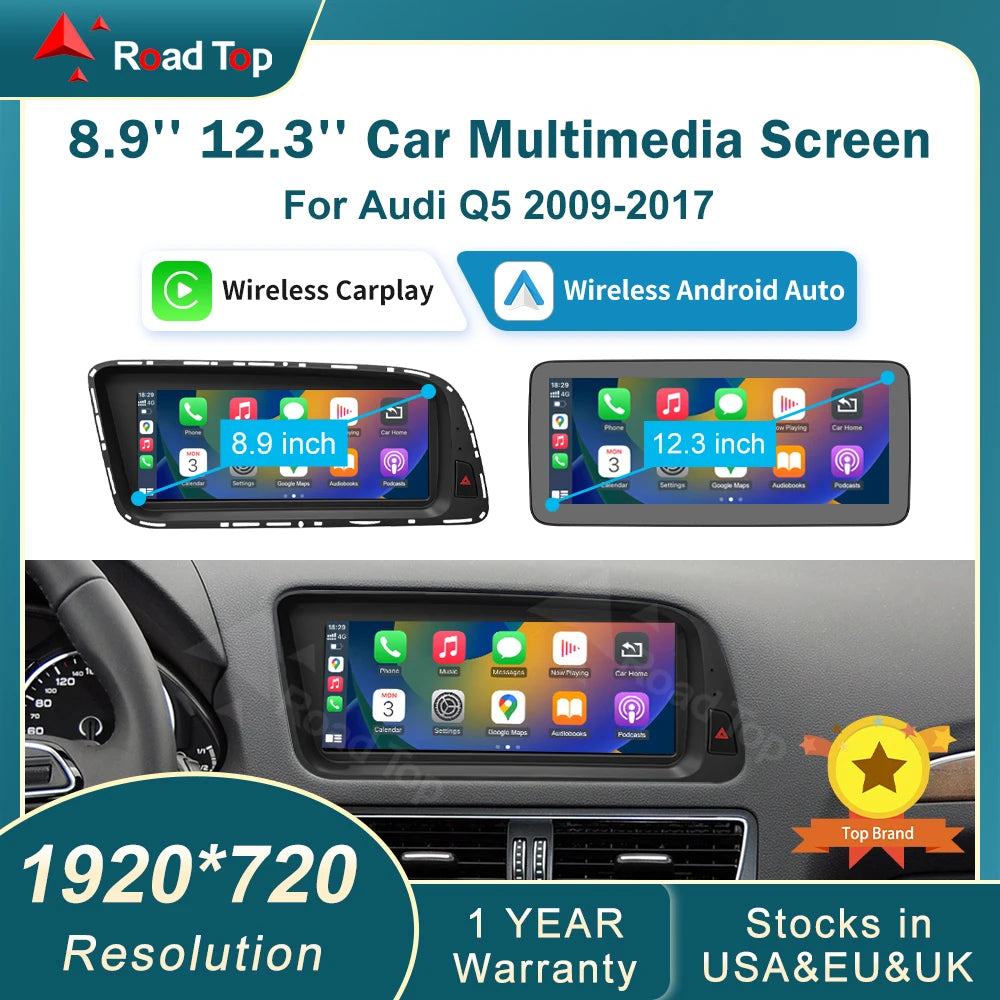 CN RoadTop Touch Ultra-thin Screen For Audi Q5 2009-2017 Wireless CarPlay Multimedia Andro