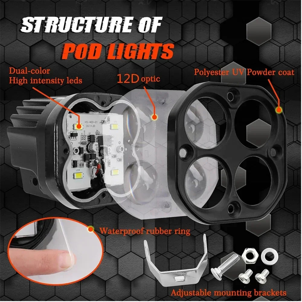 3000W Super Bright 3 Inch Dual Color LED Motorcycle Headlights Spotlights Auxiliary12V 24V