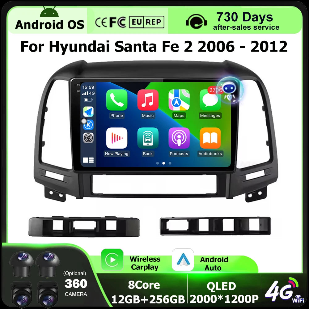 Wireless Carplay For Hyundai Santa Fe 2 2006-2012 Android 16 Auto Car Radio Multimedia Pla