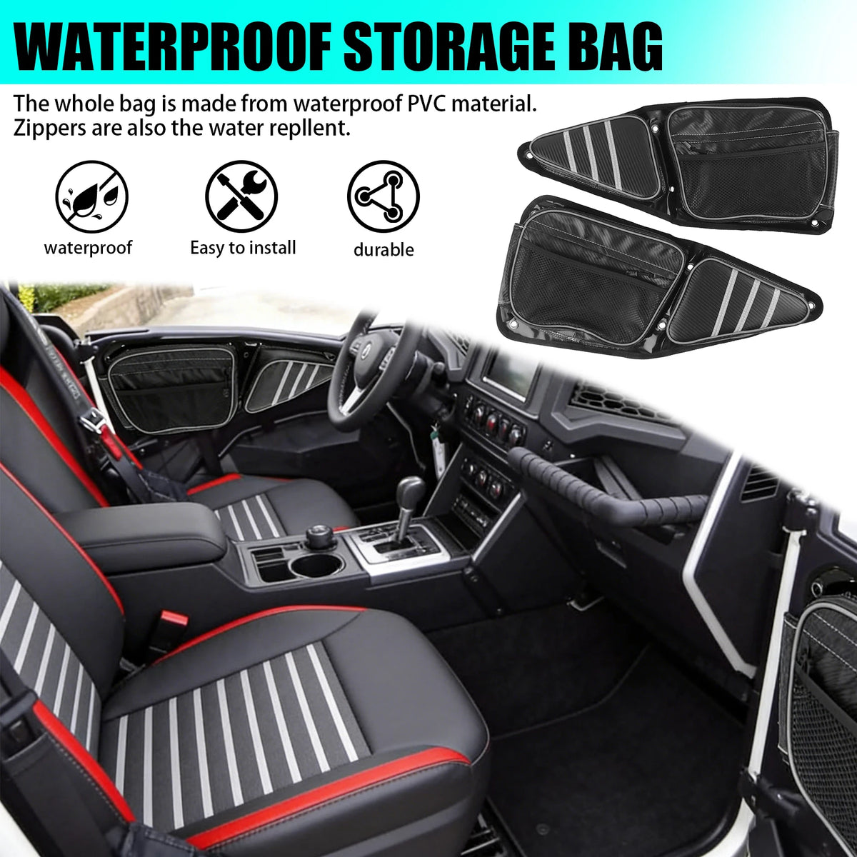 Heavy Duty Black Front Side Door Storage Knee Pad Bag for UTV Polaris RZR XP 1000 900 S Left & R - Automotive LED Light