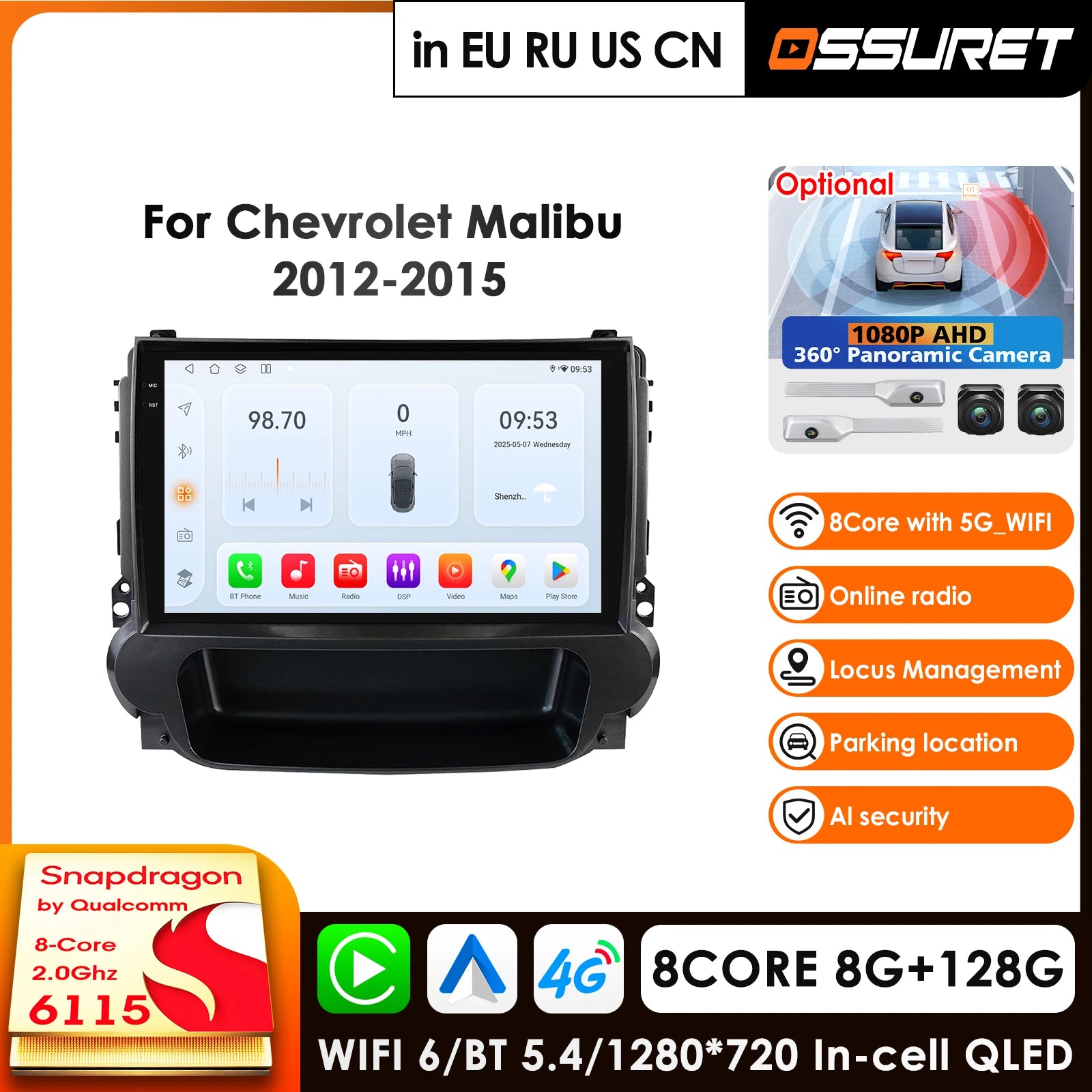 12.3" Car Radio GPS Android 14 for Chevrolet Malibu Stufenheck 2012-2015 - 4G AI System Carplay Multimedia Video Player