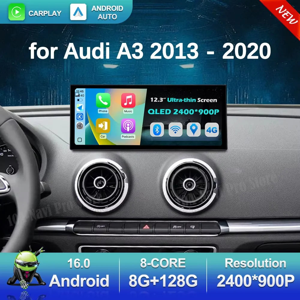 QLED HD Screen Car Radio Video Audio Multimedia Player GPS BT for Audi A3 2013 - 2020 Wire