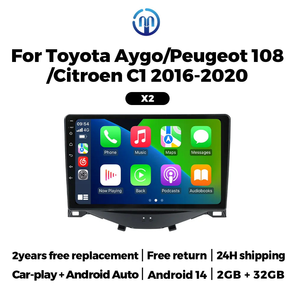 Android 14 Car Radio for Toyota Aygo Peugeot 108 Citroen C1 2016 - 2020 Carplay Auto Intel | AUTOKITSHOP