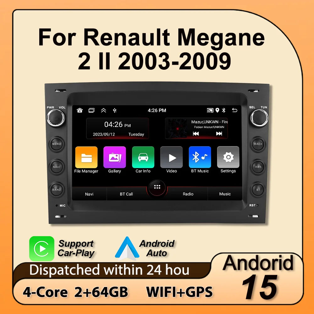 For Renault Megane 2 II 2003-2009 Android 15 IPS Screen Car Radio Carplay GPS BT Central M