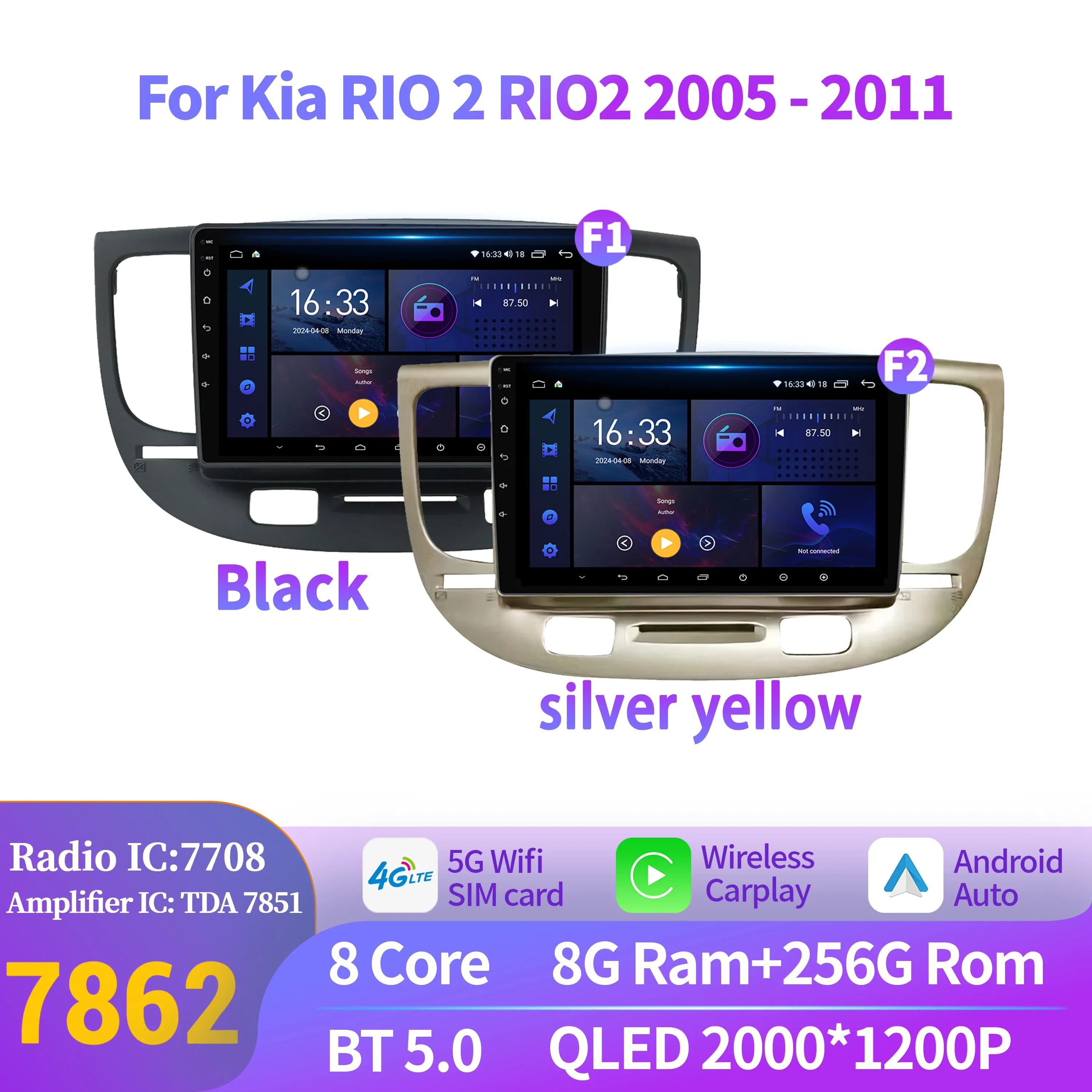 For Kia RIO 2 RIO2 2005-2011 Wireless BT CarPlay Android 14 Radio Car Multimedia 7862S 8G
