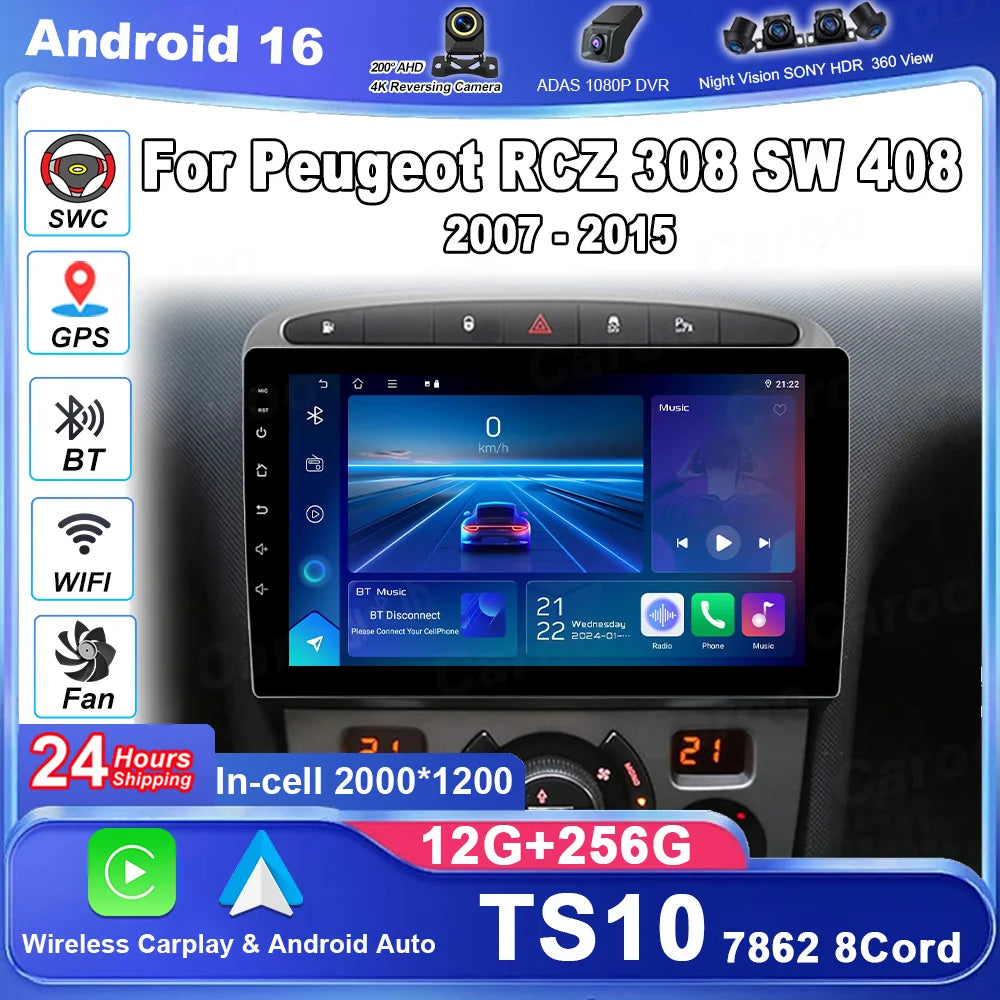 Android 16 Car Radio For Peugeot RCZ 308 SW 408 2007 - 2015 Stereo Head Unit DSP QLED BT G
